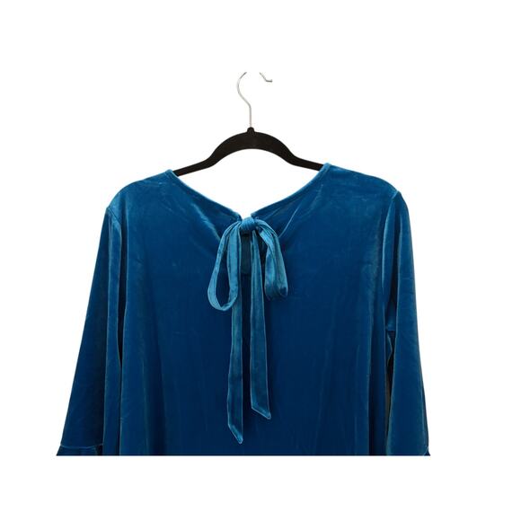 The Limited Mykonos Blue Crushed Velvet Blouse Top Bell Sleeve Ribbon Tie NEW - Picture 10 of 11